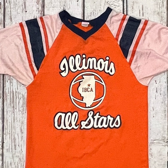 80s Vintage Illinois All Stars Champion Blue Bar 1980s Tee Top Shirt - Picture 3 of 6